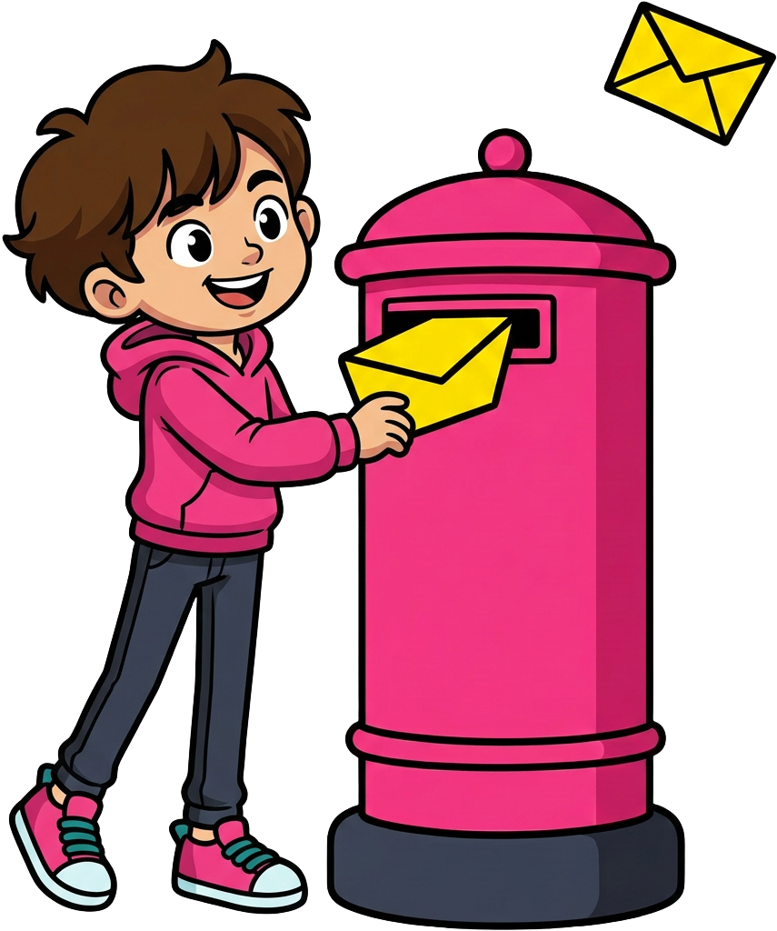 Cartoon character posting a yellow envelope into a pink mailbox