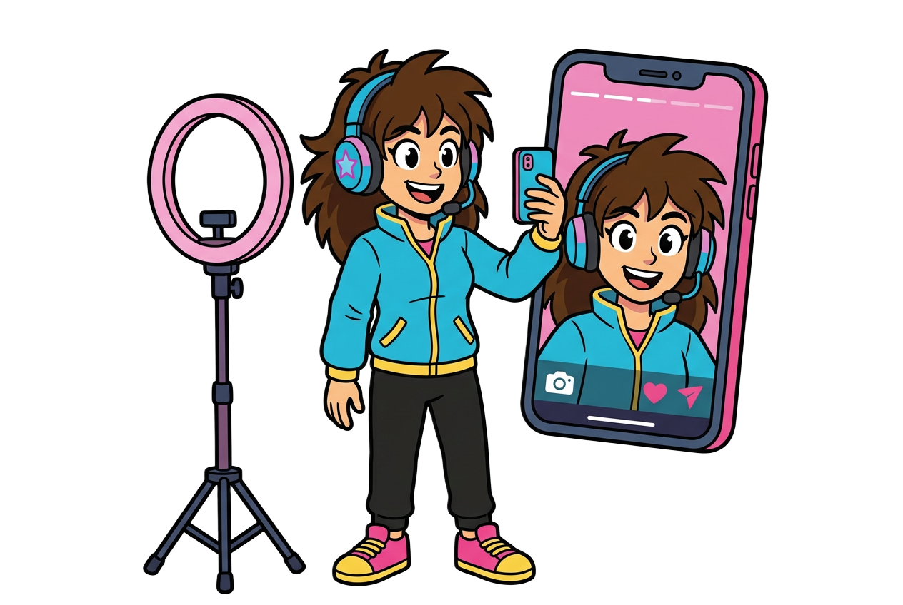 Cartoon creator recording and posting an Instagram story beside a ring light