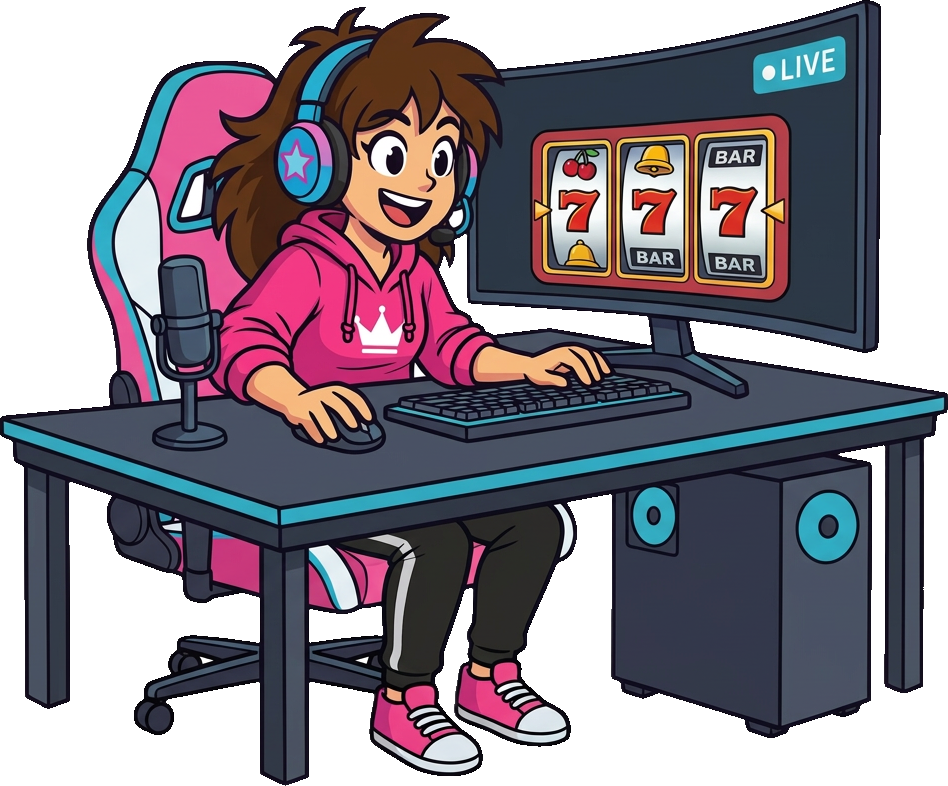 Cartoon streamer broadcasting live at a gaming PC with casino slots on the screen